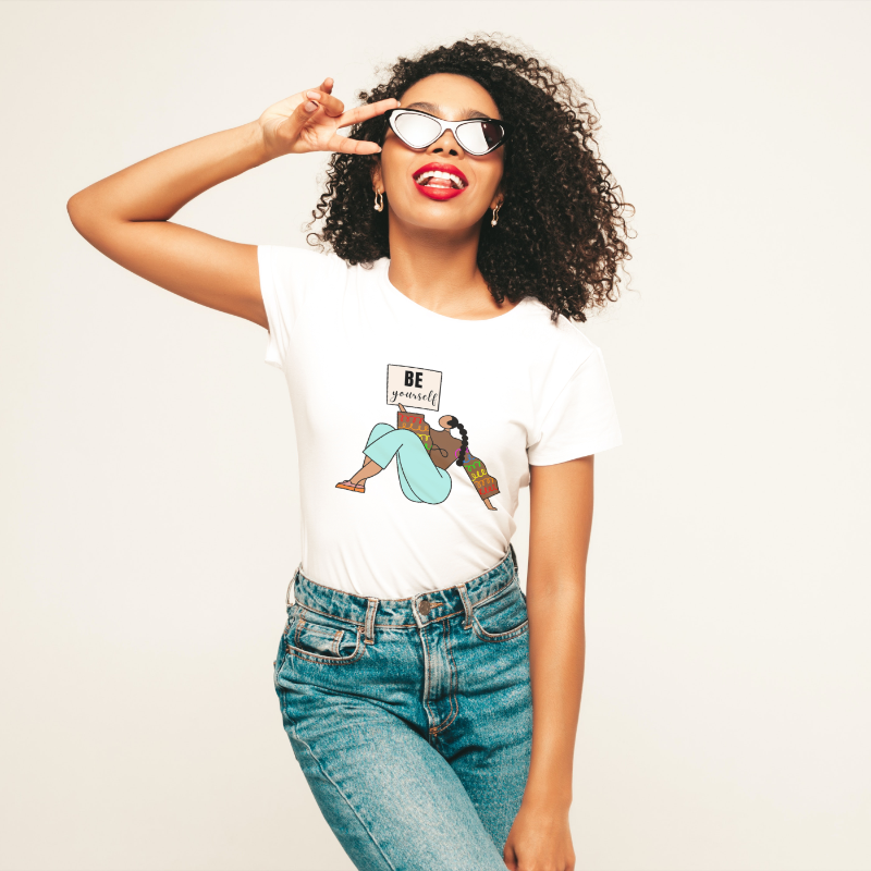 African-American woman with sunglasses wearing a T-shirt