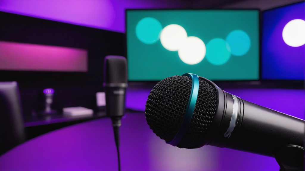 A podcast studio with one microphone in the background and one in the foreground. There are two tv monitors in the background as well. The room has a purple glow.