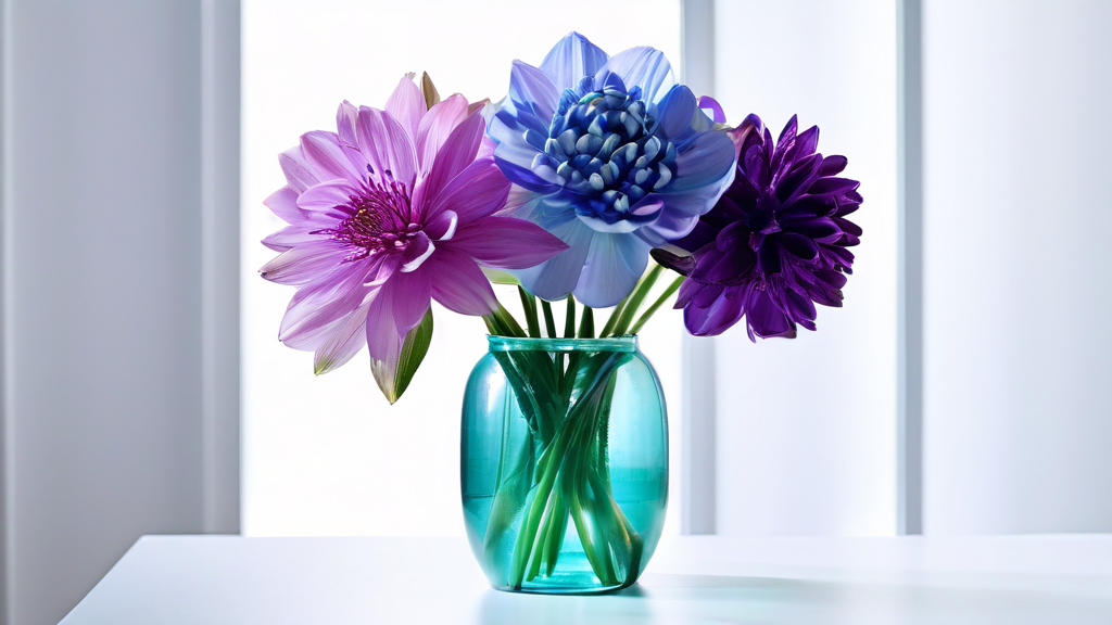 A teal glass vase of flowers in a white room. Flower colors are purple, blue, and magenta.