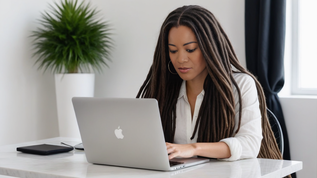 A woman sitting at a desk typing on a laptop computer.