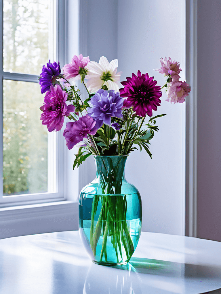 A teal vase of flowers sits by a window. the flowers are shades of purple and pink.