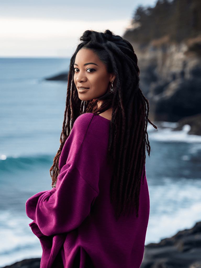 Aa beautiful woman with long dreadlocks stands at the ocean's edge. There is water and rocks in the background.